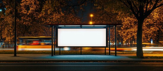 Blank billboard at night bus stop, city street