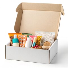 A white cardboard shipping box with its lid open is filled with various colorful products, including pouches, bottles, and packets, against a white background.
