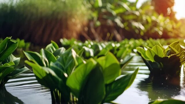 Water plants with vibrant green leaves are emerging from the reflective surface of a calm freshwater stream at sunrise