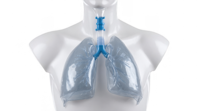 Transparent model of human lungs illustrating tension pneumothorax connected to a breathing apparatus on a transparent background, perfect for medical illustrations and educational materials