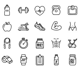 Healthy Lifestyle Vector Icon Set | Adjustable Line Weight | Fitness, nutrition, exercise, wellness, sleep, yoga, meditation, heart rate, gym, hiking, cycling, sports, health monitoring icons