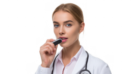 Young female doctor wearing a lab coat and stethoscope, utilizing a portable voice recorder to dictate notes, set against a transparent background, exemplifying modern healthcare communication
