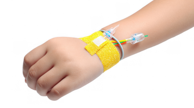 Close up of a child's hand with an iv catheter secured by yellow medical tape, highlighting pediatric healthcare and treatment against a transparent background - Powered by Adobe