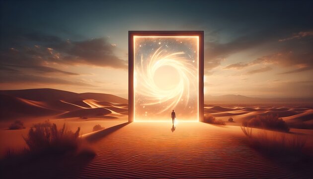 Surreal open door frame placed in peaceful sandy desert with glowing light and concept of opportunity