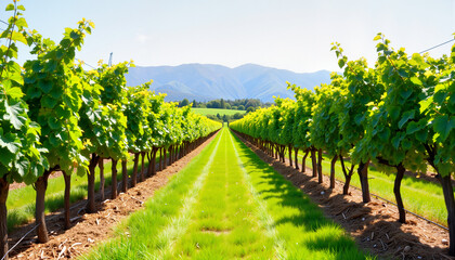 Naklejka premium Vineyard rows with lush green grapevines against mountain backdrop