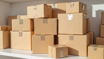 Fototapeta premium Packed cardboard boxes on white shelving