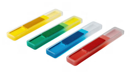 Four colorful rapid test strips are displayed on a transparent background, showcasing a variety of hues and suggesting diverse diagnostic applications