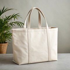 a sturdy, cream-colored canvas tote bag with reinforced handles stands upright on a grey surface, with a green plant in a woven pot blurred in the background.8