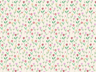 Seamless pattern of pink hearts and flowers for wallpaper and fabric. Seamless colorful floral pattern illustration. Vintage floral background art design. Retro pastel spring artwork.