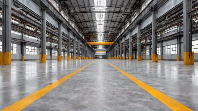 Spacious empty industrial warehouse with metal structure and yellow