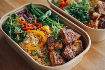 Colorful meal prep with egg fried rice, baked tofu, and fresh vegetables creates vibrant dish
