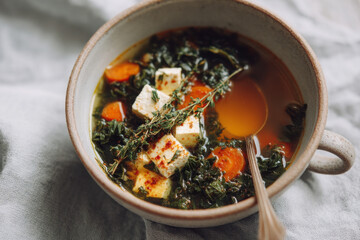 Warm soup with kale, carrots, and tofu in cozy bowl, perfect for comfort and nourishment