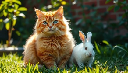 A fluffy ginger cat and a small white rabbit sitting side-by-side in a garden