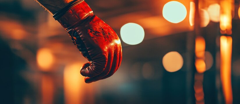 Red boxing glove poised, gym background, fight prep - Powered by Adobe