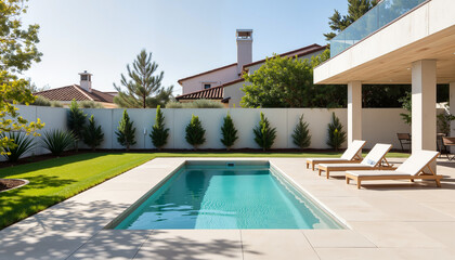 Fototapeta premium Luxury swimming pool with loungers in a modern backyard