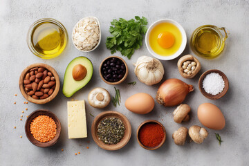 Fresh ingredients arranged bowls, including eggs, vegetables, nuts, and oils, create vibrant