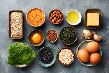 Healthy ingredients arranged in food composition grid, featuring eggs, spinach, and nuts