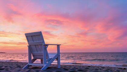 White Adirondack chair at sunset on beach