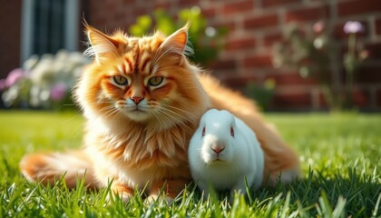 A fluffy ginger cat and a small white rabbit sitting side-by-side in a garden