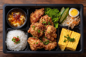 Delicious fried chicken bento with rice, tamagoyaki, and fresh vegetables, perfect for lunch