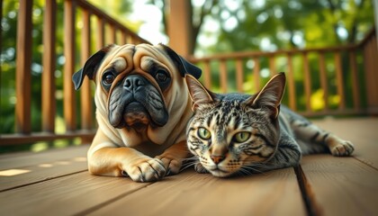 A fawn pug and a grey tabby cat lying together on a wooden deck