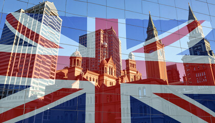 British flag overlay on modern cityscape reflection