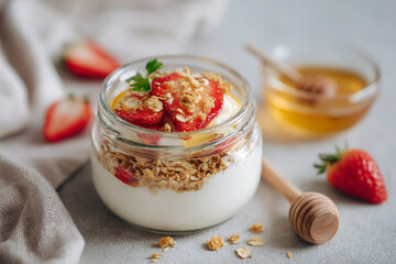 Creamy yogurt parfait with granola, fresh strawberries, and honey, perfect for healthy snack