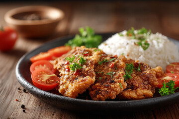 Delicious fried chicken served with rice and fresh tomatoes, garnished with herbs