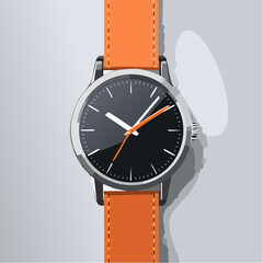 Stylish vector illustration of a modern wristwatch with a black dial, orange hands, and a vibrant orange leather strap against a neutral background.