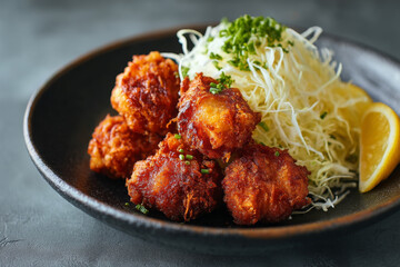 Fototapeta premium Crispy fried chicken served with fresh cabbage and lemon slice on black plate
