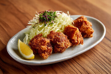 Fototapeta premium Crispy fried chicken served with fresh cabbage and lemon slice on plate, perfect for sharing