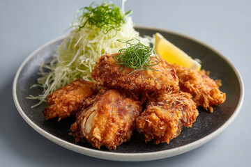 Fototapeta premium Crispy fried chicken served with fresh cabbage and lemon wedge, perfect for delicious meal