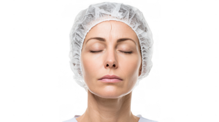 Caucasian woman wearing a surgical cap, eyes closed in a moment of calm before undergoing a cosmetic surgery procedure, isolated against a transparent background