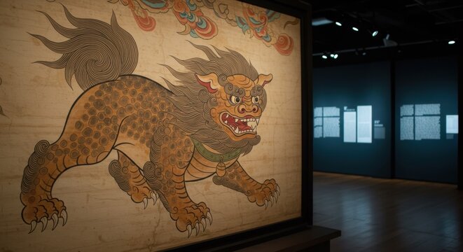 Ancient Korean Painting: A Majestic Haechi Guardian Depicted on Antique Silk Scroll in Museum Setting