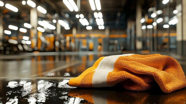 sweat-drenched towel dropped beside boxing gloves, gym floor reflecting overhead light, detailed moisture textures, gritty realism, warm tones