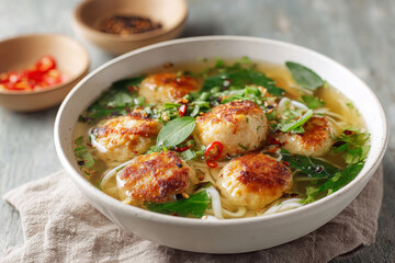Delicious noodle soup with fish balls, fresh herbs, and vibrant spices