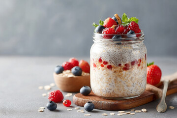 Delicious overnight oats with chia seeds, berries, and mint in jar, perfect for breakfast