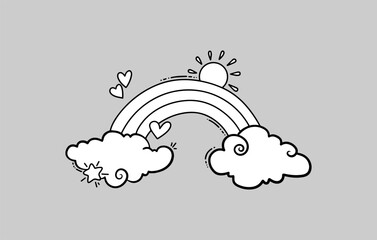 Colorful rainbow behind the clouds with hearts and shining sun in cheerful doodle style