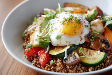Delicious quinoa bowl with grilled vegetables, poached egg, and fresh herbs