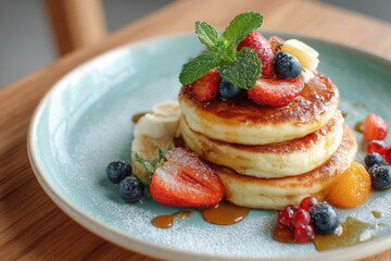 Fluffy pancakes topped with fresh fruits and honey create delightful breakfast treat