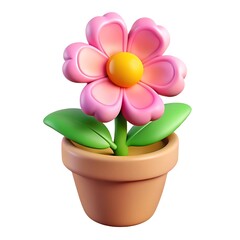Adorable cartoon illustration of a pink flower blooming in a brown clay flowerpot