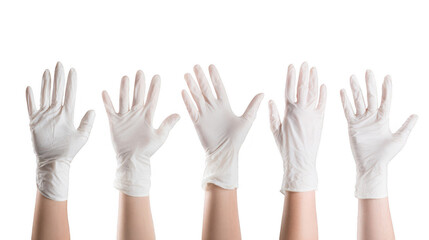 Obraz premium Five hands wearing white medical gloves are gesturing against a transparent background, offering versatile usage possibilities for health, safety, and medical related projects
