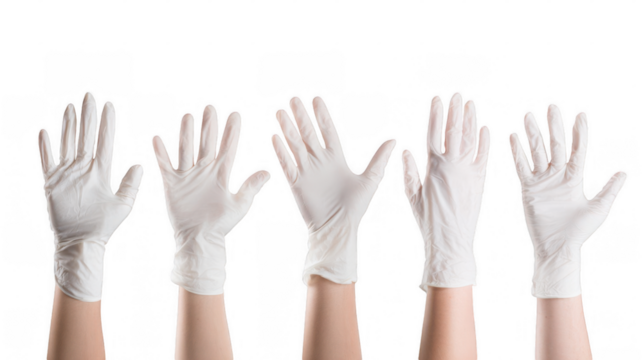 Five hands wearing white medical gloves are gesturing against a transparent background, offering versatile usage possibilities for health, safety, and medical related projects - Powered by Adobe