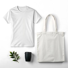 A blank white short-sleeved t-shirt and a white tote bag are laid flat on a white surface, accompanied by a small black cup and a green leafy branch.