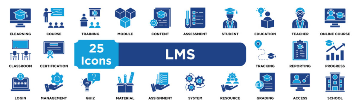 LMS icon collection set. Containing elearning,course,training,module,content,assessment,student,education,teacher,online course icon. dual tone vector