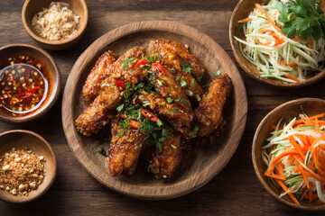 Delicious Thai fried chicken wings served with fresh papaya salad and dipping sauce