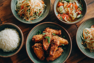 Delicious Thai fried chicken wings served with papaya salad, rice, and vegetable soup