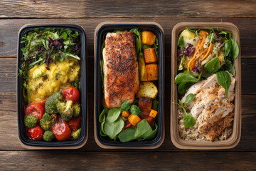 Healthy meal prep containers with salmon, chicken, and vegetables arranged neatly wooden table