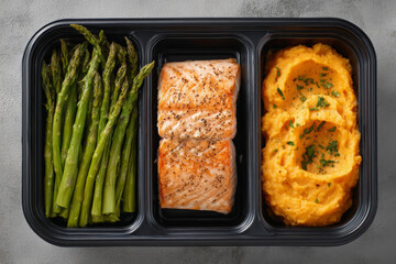 Healthy meal prep box with salmon, mashed potatoes, and asparagus, perfect for nutritious eating