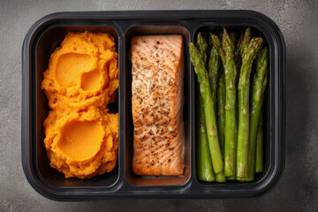 Delicious salmon filet with mashed sweet potatoes and fresh asparagus in meal prep box